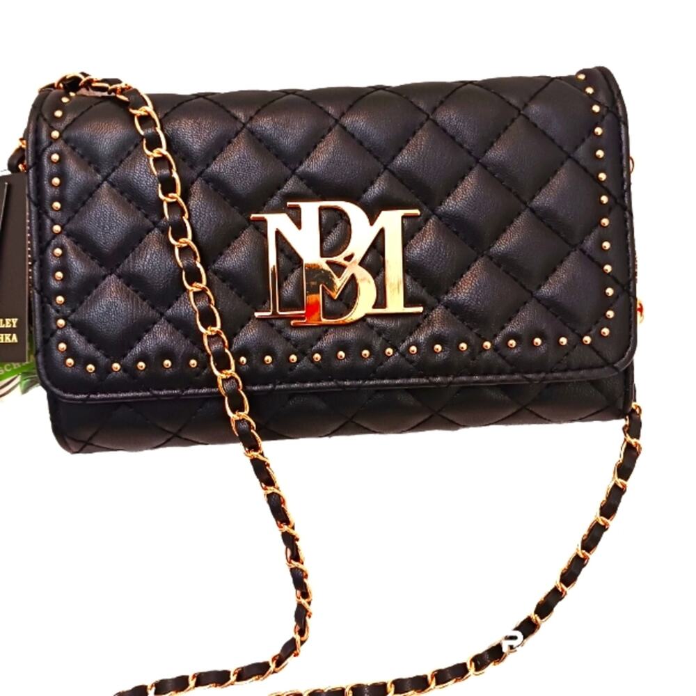 Badgley‎ Mischka Quilted Wallet on a Chain Purse Black Crossbody Gold Studs Glam